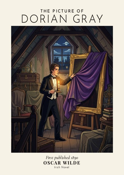 Poster featuring Oscar Wilde holding a candle before a portrait in a dark attic.