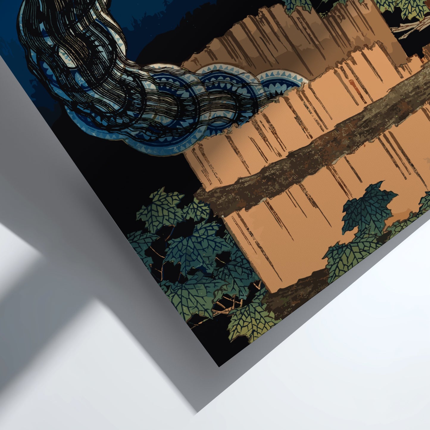 Ukiyo-e style poster of a Japanese ghost with long black hair emerging from a wooden tub, dark blue