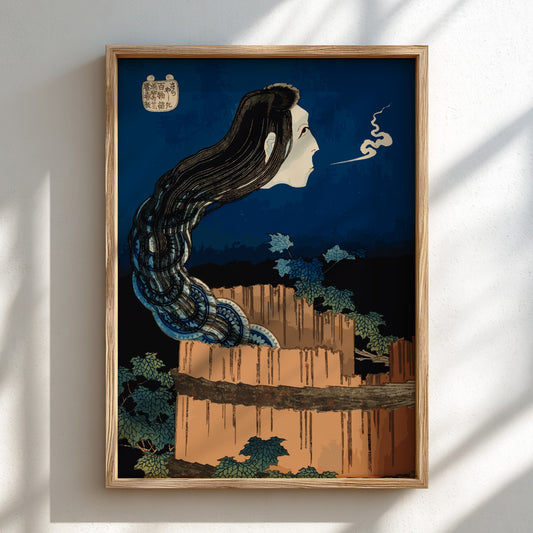 Ukiyo-e style poster of a Japanese ghost with long black hair emerging from a wooden tub, dark blue