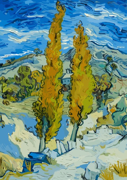 Vincent Van Gogh's "The Poplars" art poster, featuring tall yellow trees and a blue sky.