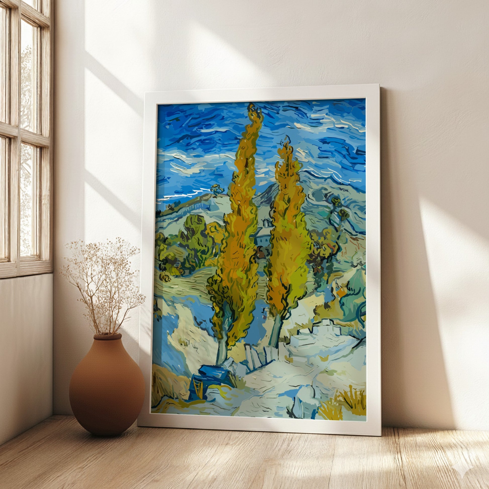 Vincent Van Gogh's "The Poplars" art poster, featuring tall yellow trees and a blue sky.