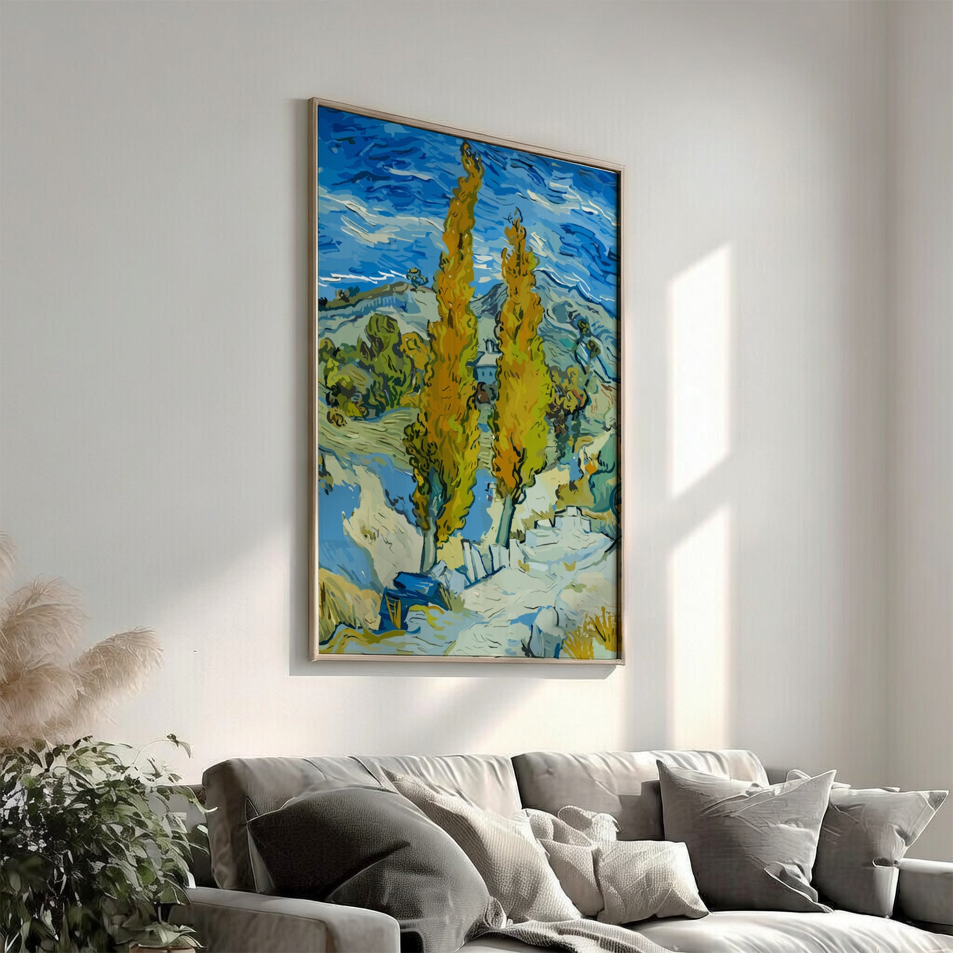 Vincent Van Gogh's "The Poplars" art poster, featuring tall yellow trees and a blue sky.