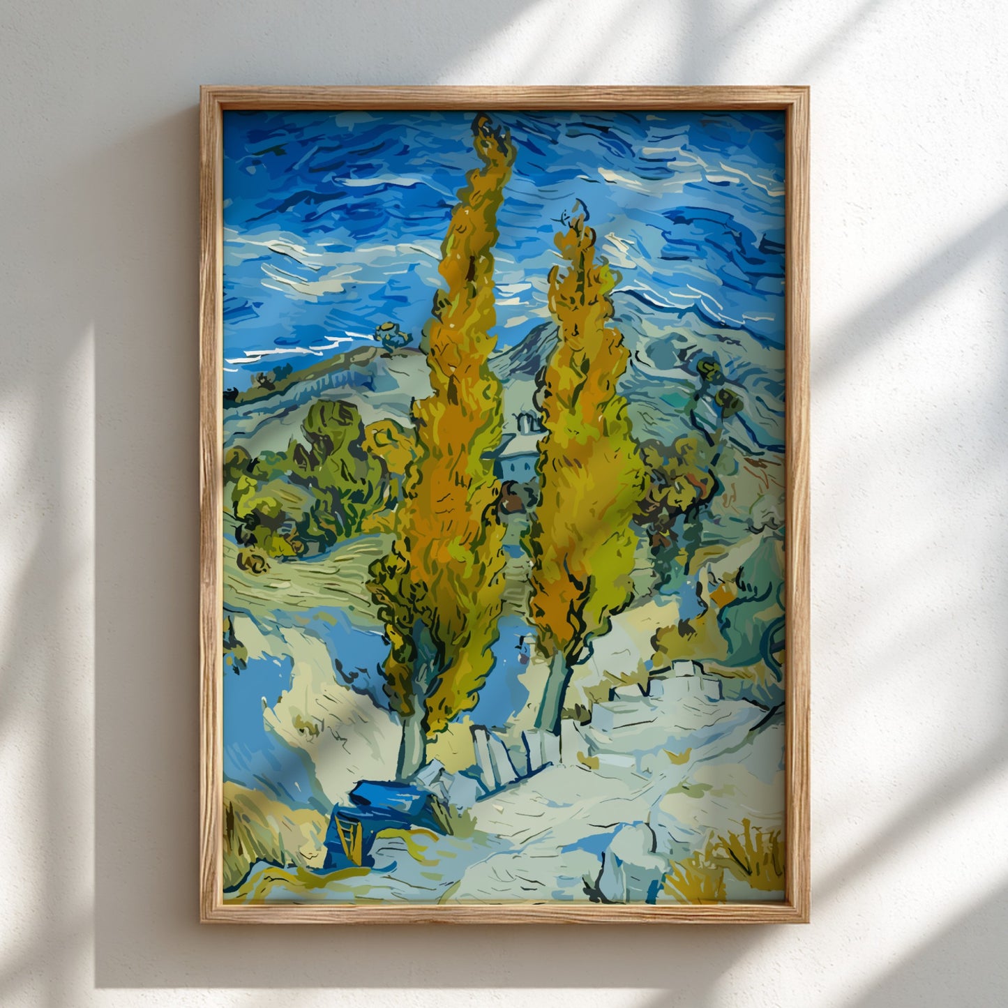 Vincent Van Gogh's "The Poplars" art poster, featuring tall yellow trees and a blue sky.