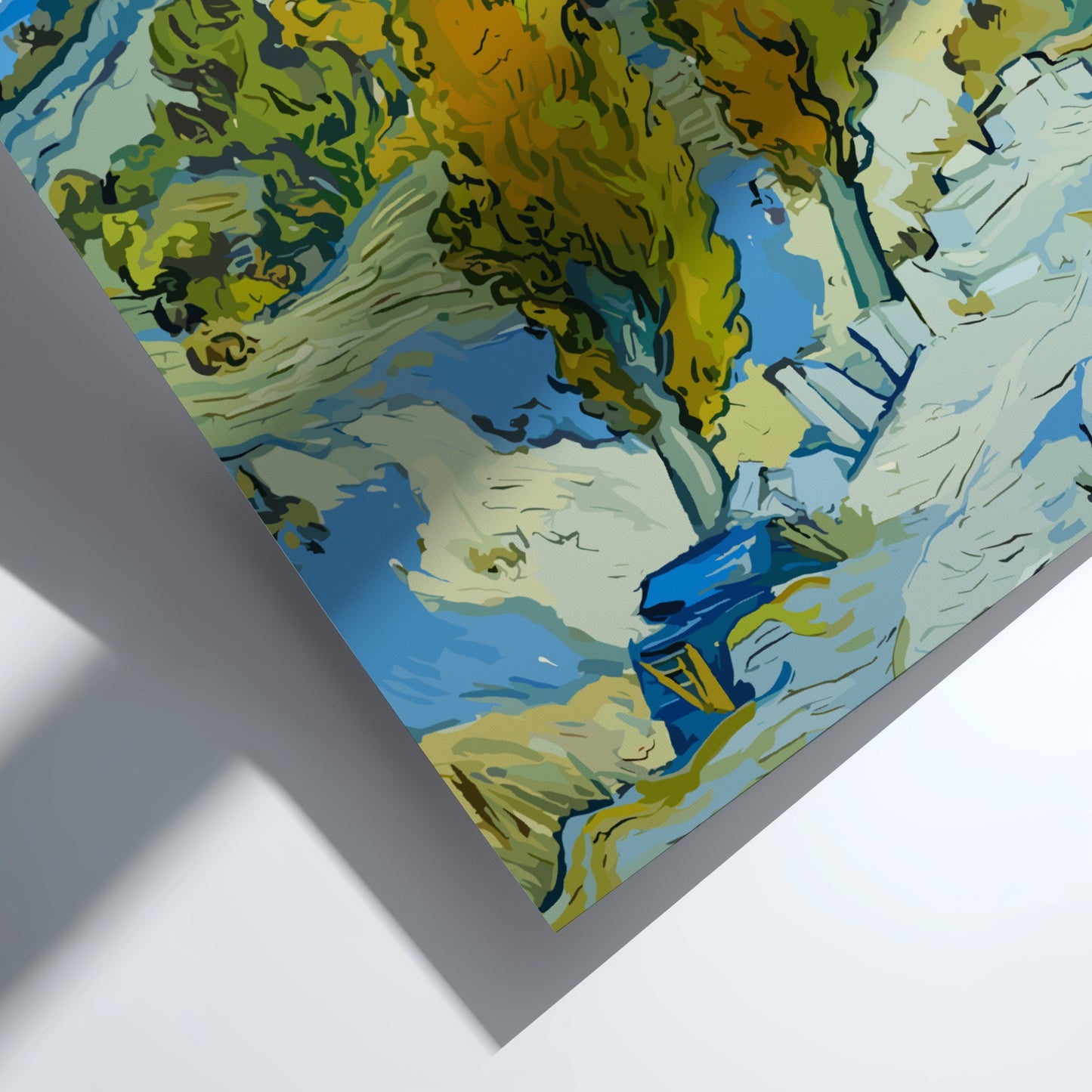 Vincent Van Gogh's "The Poplars" art poster, featuring tall yellow trees and a blue sky.