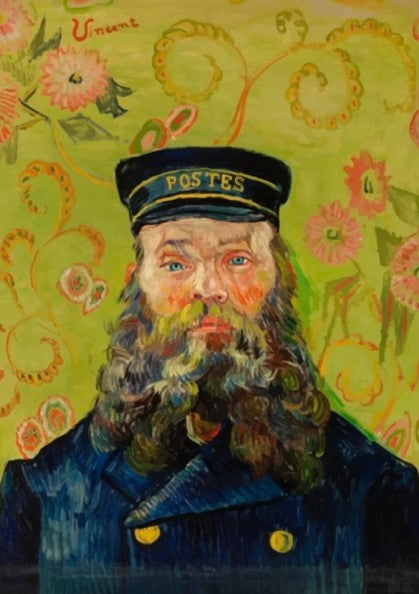 Vincent Van Gogh's "The Postman" poster featuring a bearded man in a blue uniform and 'POSTES' hat against a