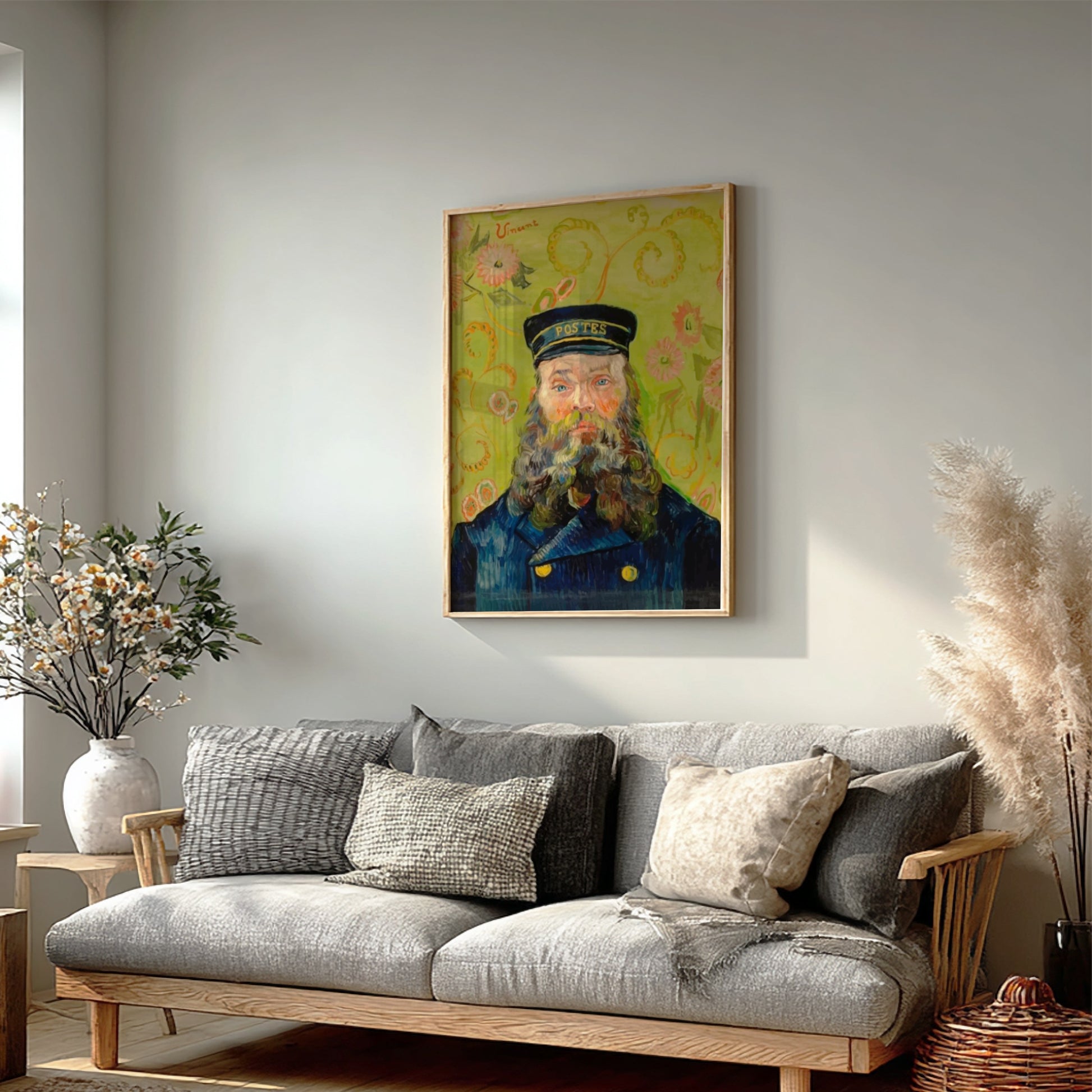 Vincent Van Gogh's "The Postman" poster featuring a bearded man in a blue uniform and 'POSTES' hat against a