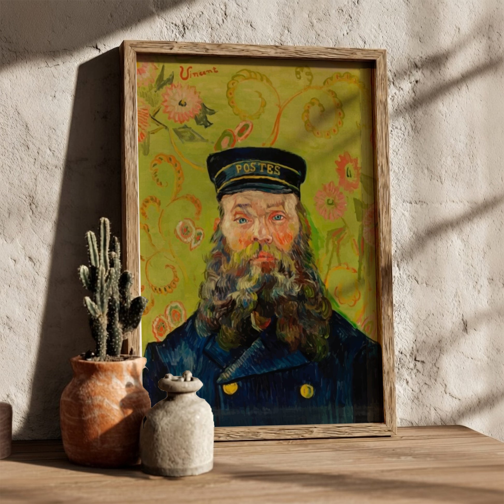 Vincent Van Gogh's "The Postman" poster featuring a bearded man in a blue uniform and 'POSTES' hat against a