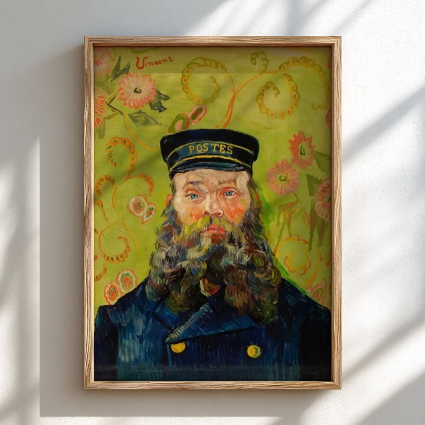 Vincent Van Gogh's "The Postman" poster featuring a bearded man in a blue uniform and 'POSTES' hat against a