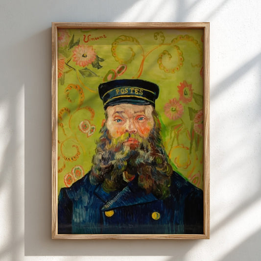 Vincent Van Gogh's "The Postman" poster featuring a bearded man in a blue uniform and 'POSTES' hat against a