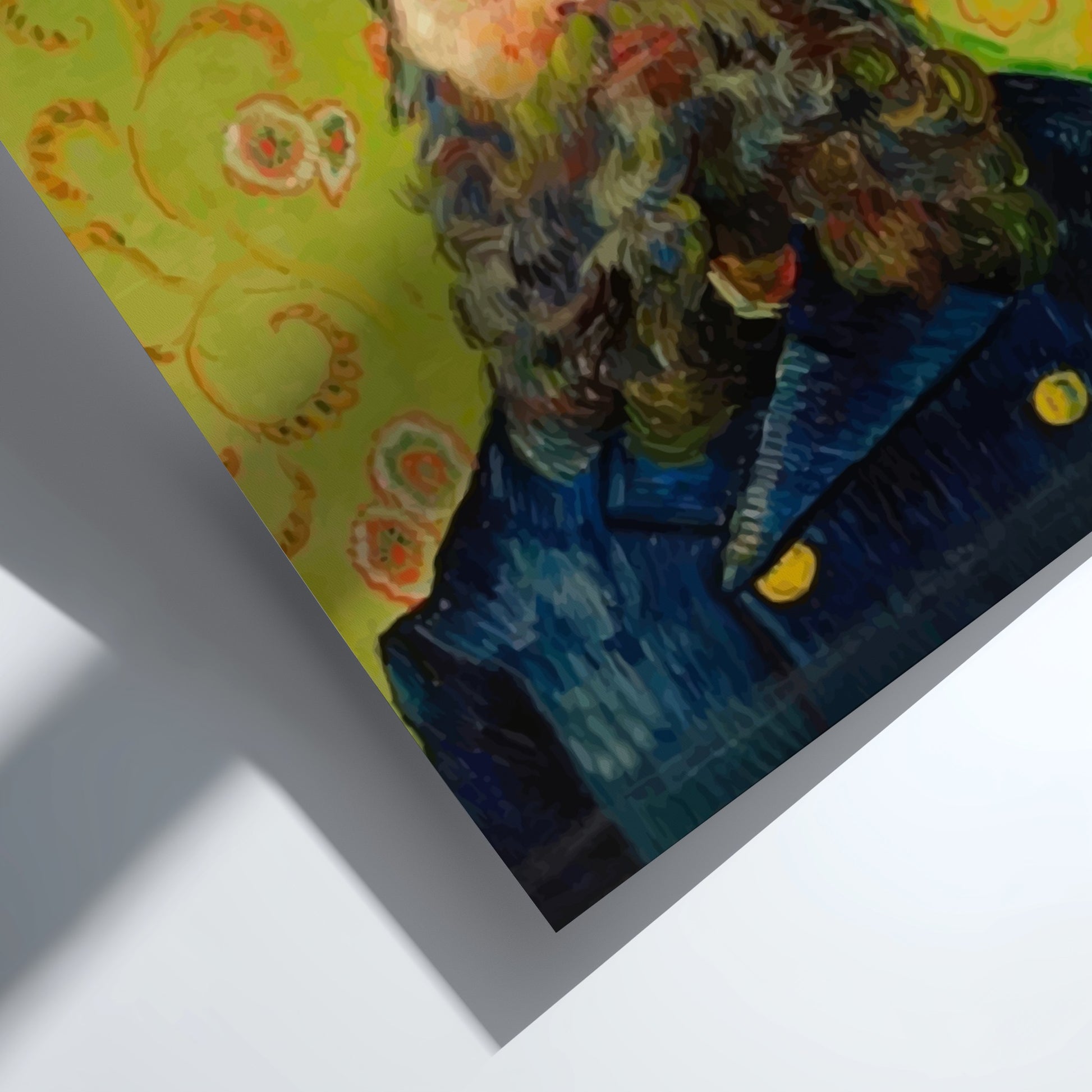 Vincent Van Gogh's "The Postman" poster featuring a bearded man in a blue uniform and 'POSTES' hat against a