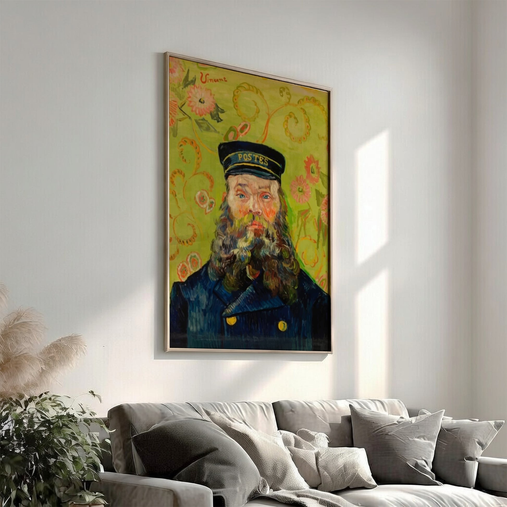 Vincent Van Gogh's "The Postman" poster featuring a bearded man in a blue uniform and 'POSTES' hat against a