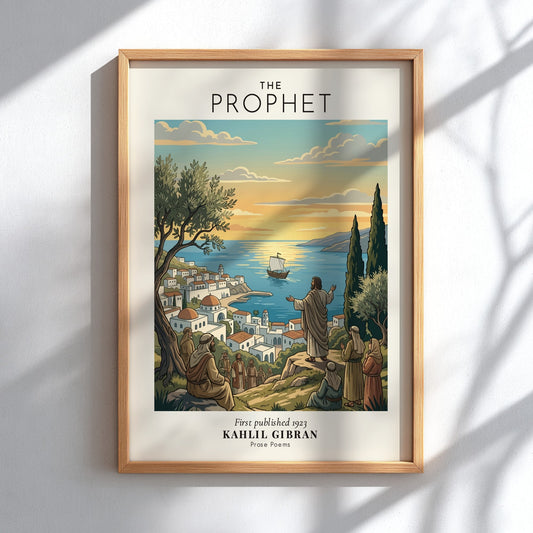 Poster of The Prophet by Kahlil Gibran showing a coastal scene with a figure.