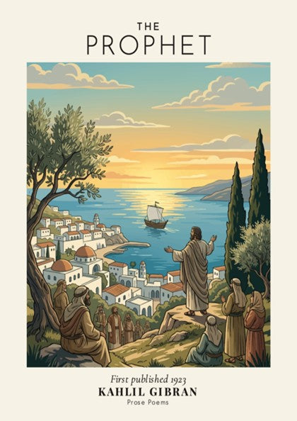 Poster of The Prophet by Kahlil Gibran showing a coastal scene with a figure.