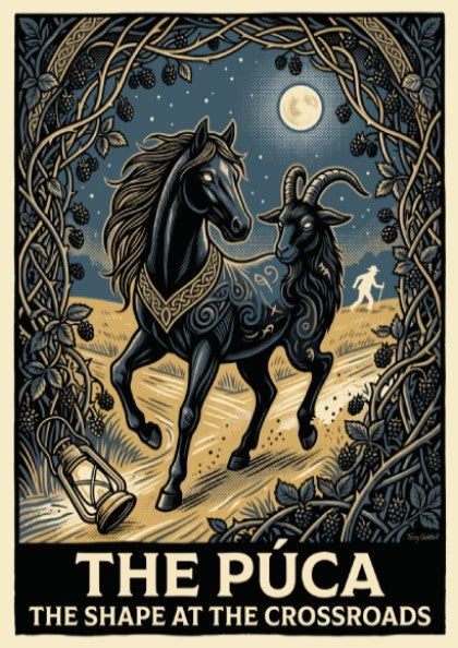 Poster featuring a black horse and goat hybrid spirit called The Púca outdoors.