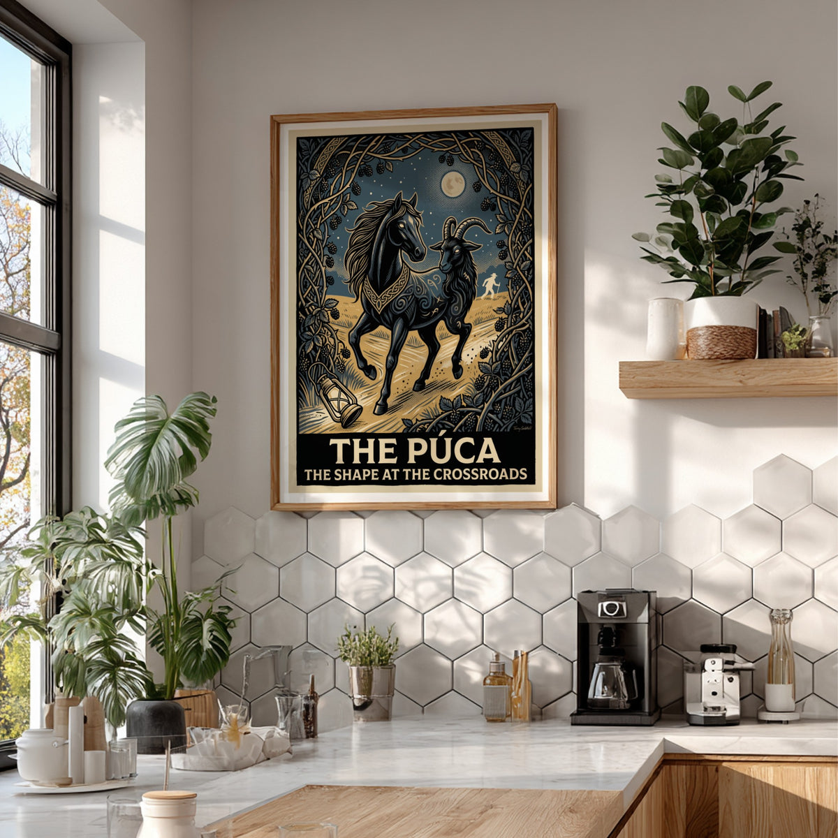 Poster featuring a black horse and goat hybrid spirit called The Púca outdoors.