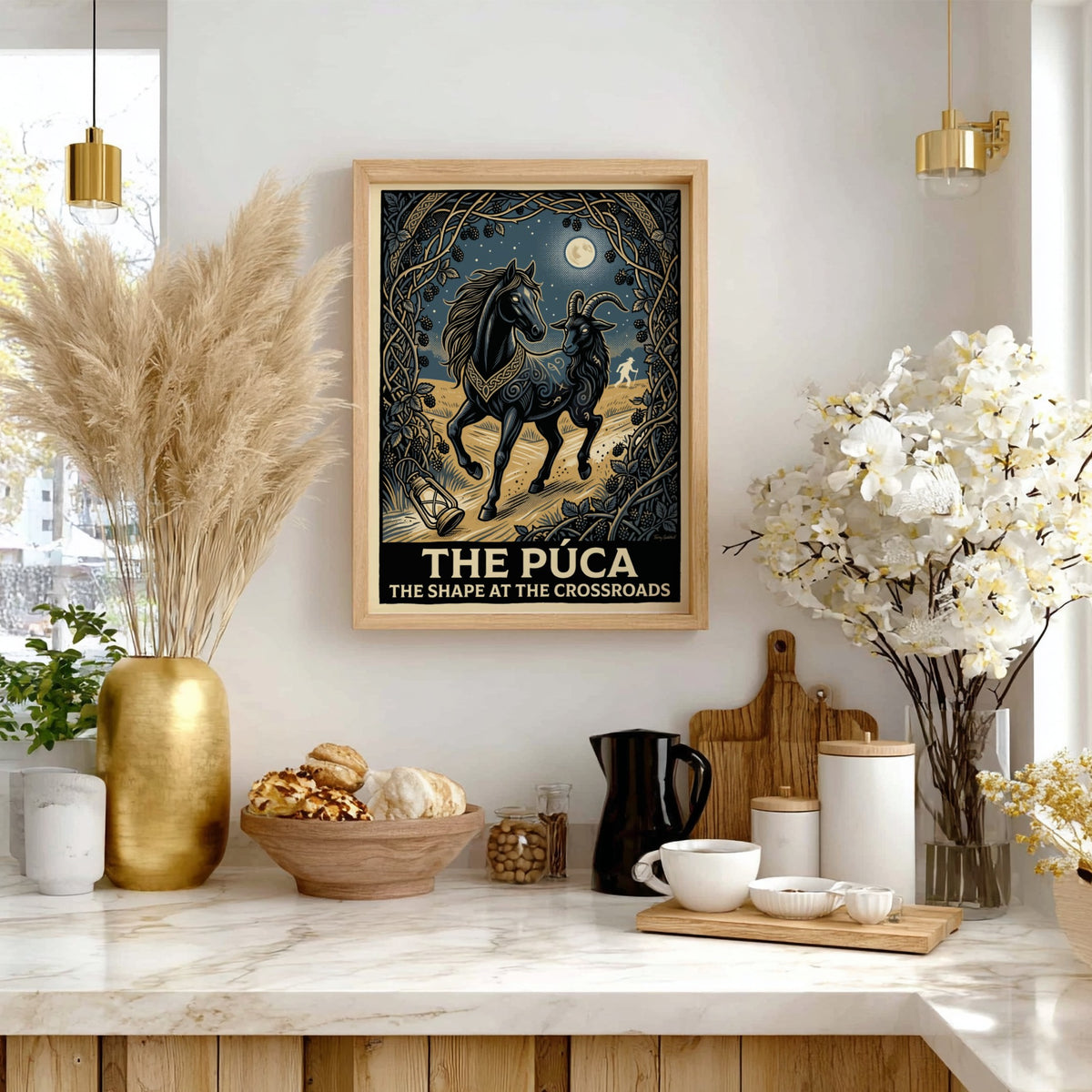 Poster featuring a black horse and goat hybrid spirit called The Púca outdoors.