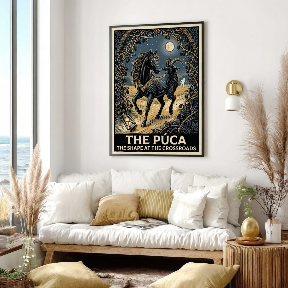 Poster featuring a black horse and goat hybrid spirit called The Púca outdoors.