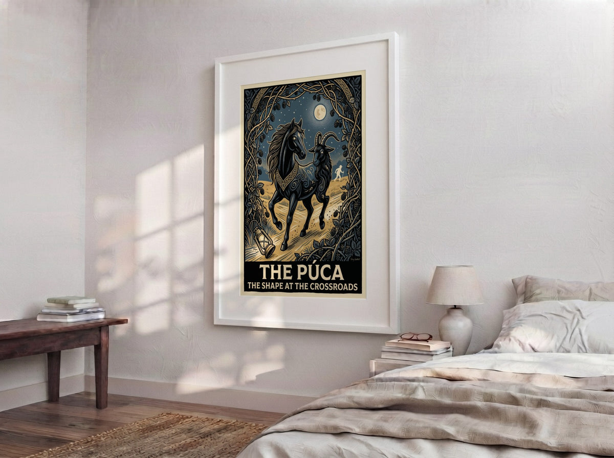 Poster featuring a black horse and goat hybrid spirit called The Púca outdoors.
