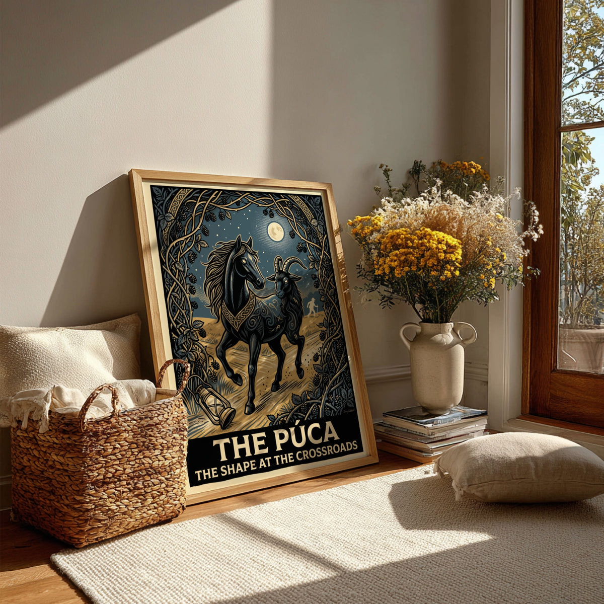 Poster featuring a black horse and goat hybrid spirit called The Púca outdoors.
