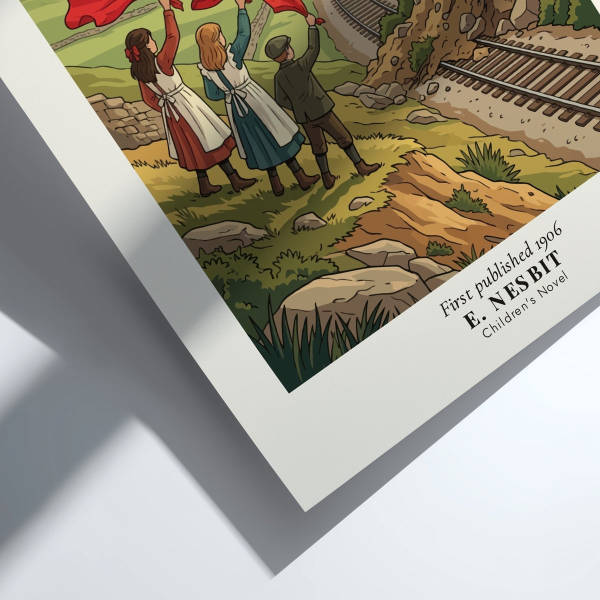 Poster of The Railway Children by E. Nesbit featuring three children waving red flags.
