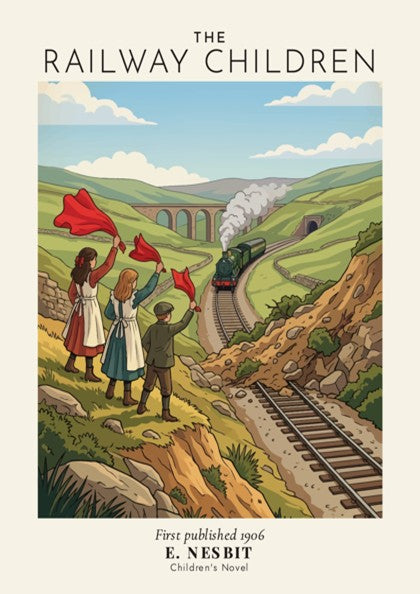 Poster of The Railway Children by E. Nesbit featuring three children waving red flags.