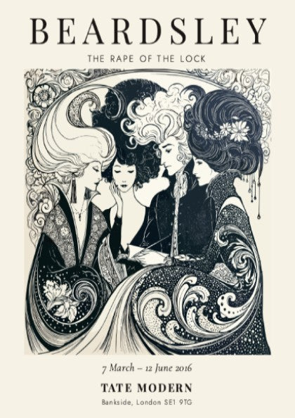 Aubrey Beardsley poster featuring The Rape of the Lock, intricate black and white design with elegant figures