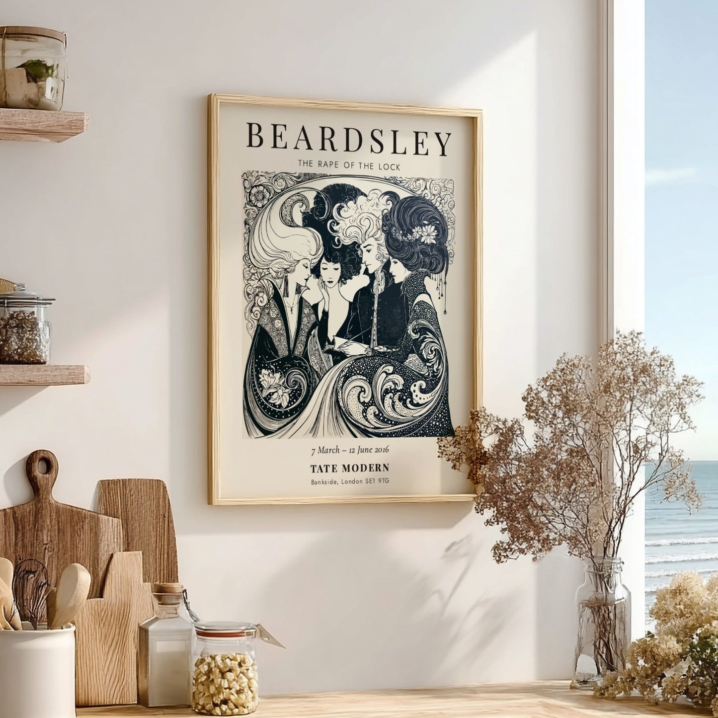 Aubrey Beardsley poster featuring The Rape of the Lock, intricate black and white design with elegant figures