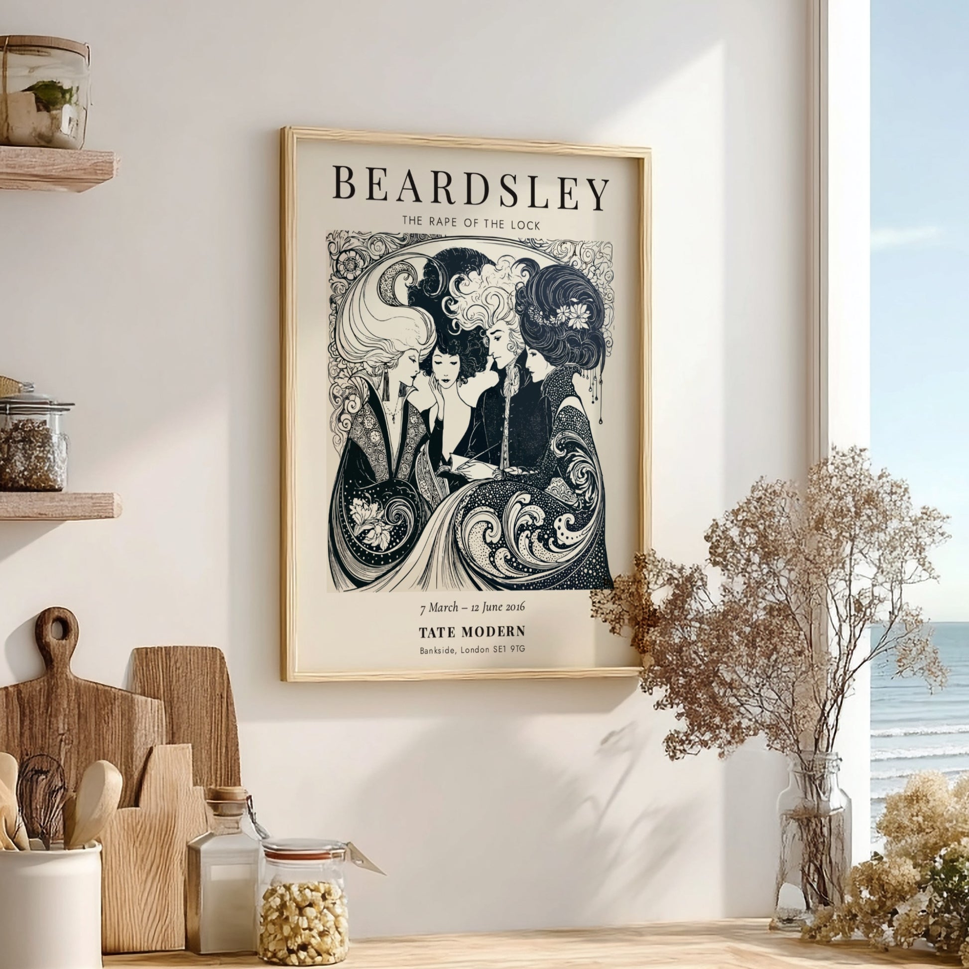 Aubrey Beardsley poster featuring The Rape of the Lock, intricate black and white design with elegant figures