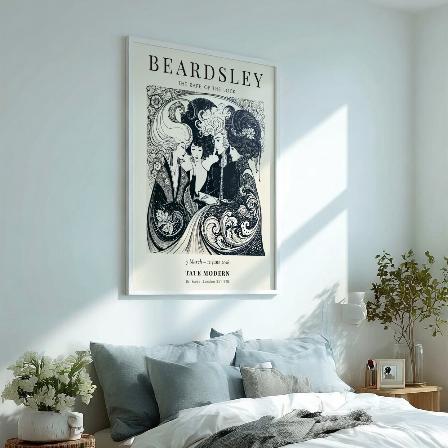 Aubrey Beardsley poster featuring The Rape of the Lock, intricate black and white design with elegant figures