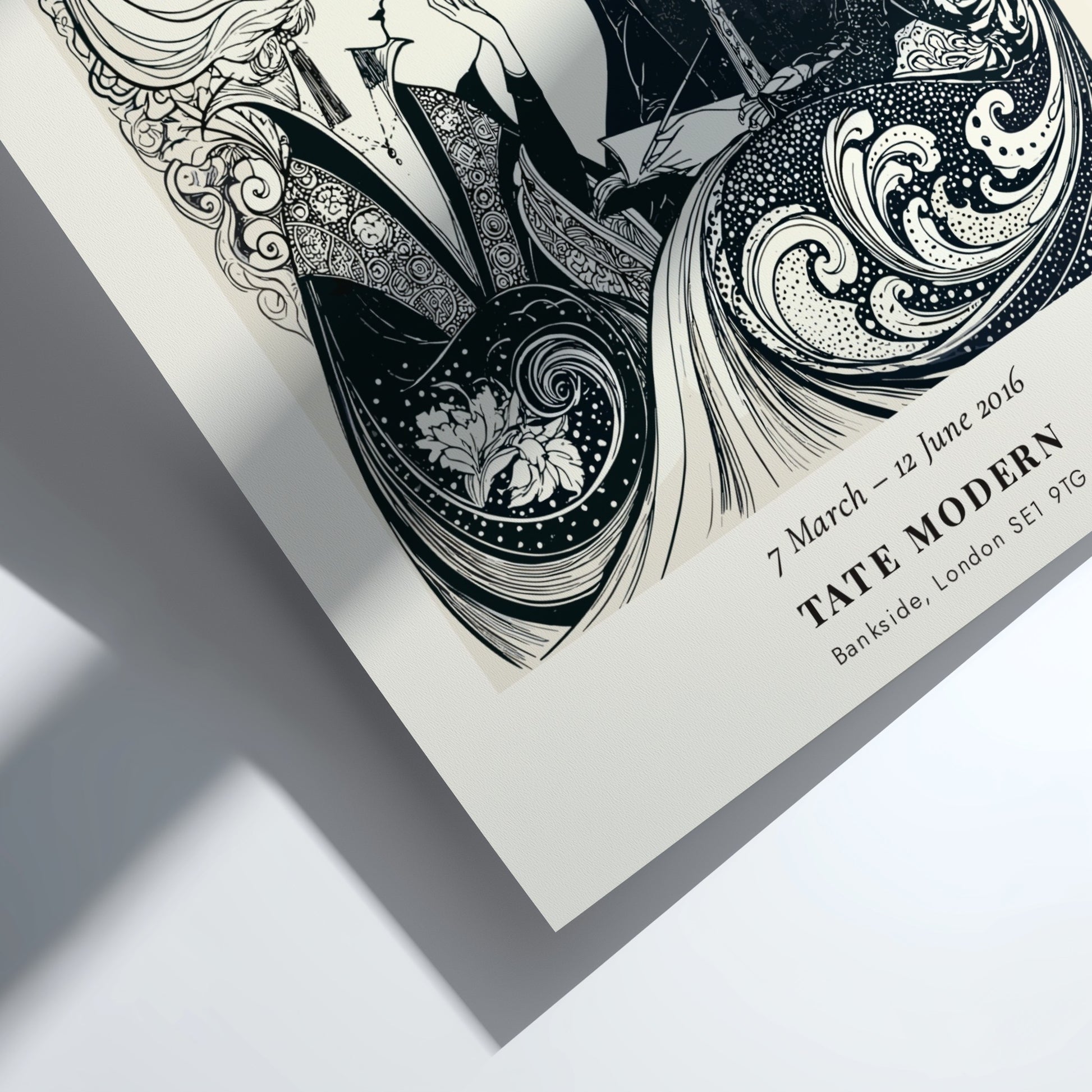 Aubrey Beardsley poster featuring The Rape of the Lock, intricate black and white design with elegant figures