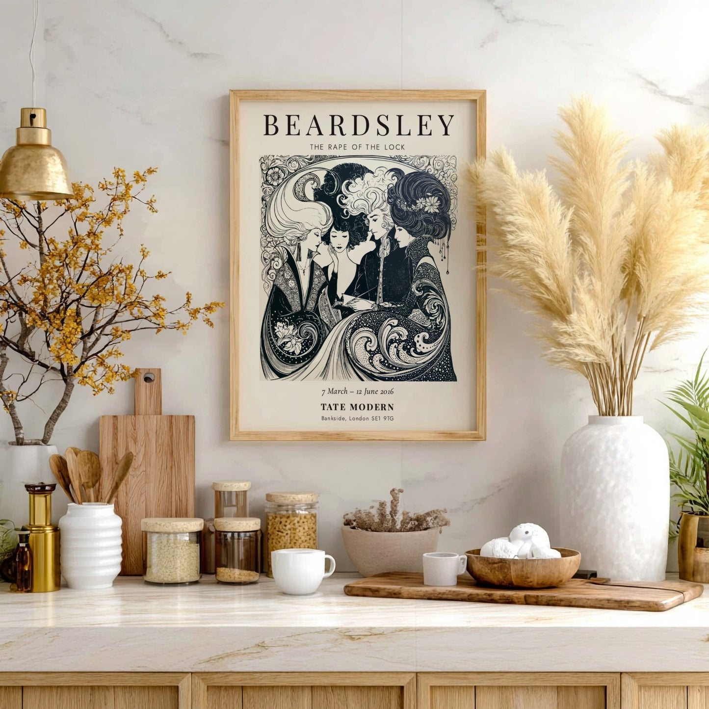 Aubrey Beardsley poster featuring The Rape of the Lock, intricate black and white design with elegant figures