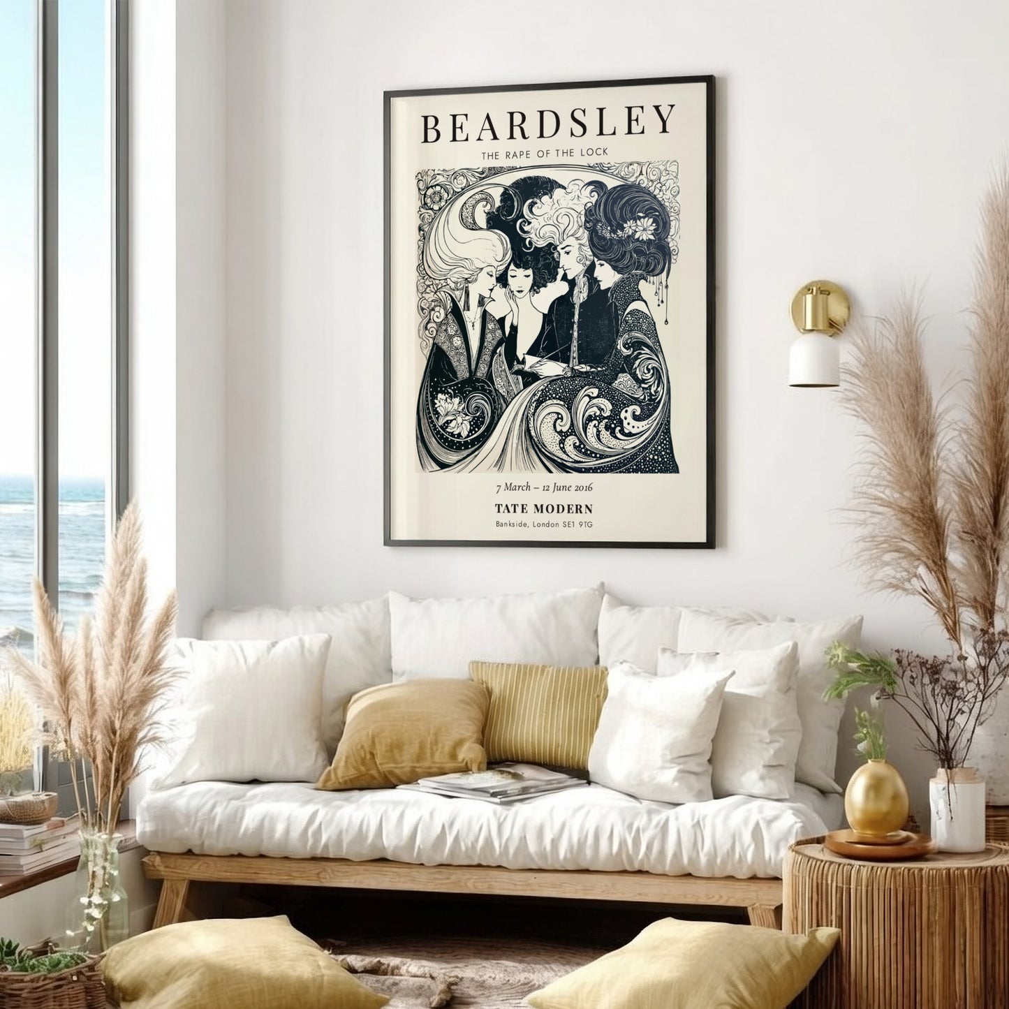 Aubrey Beardsley poster featuring The Rape of the Lock, intricate black and white design with elegant figures