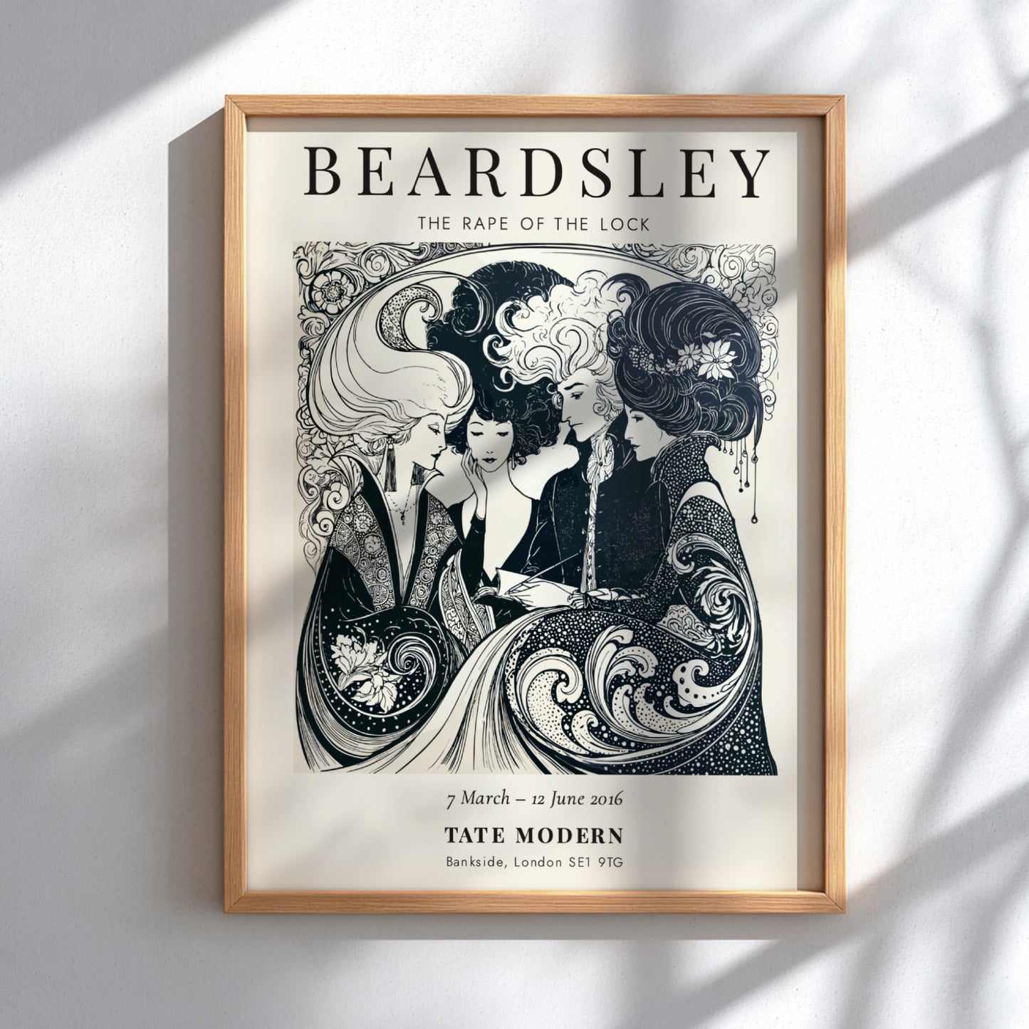 Aubrey Beardsley poster featuring The Rape of the Lock, intricate black and white design with elegant figures
