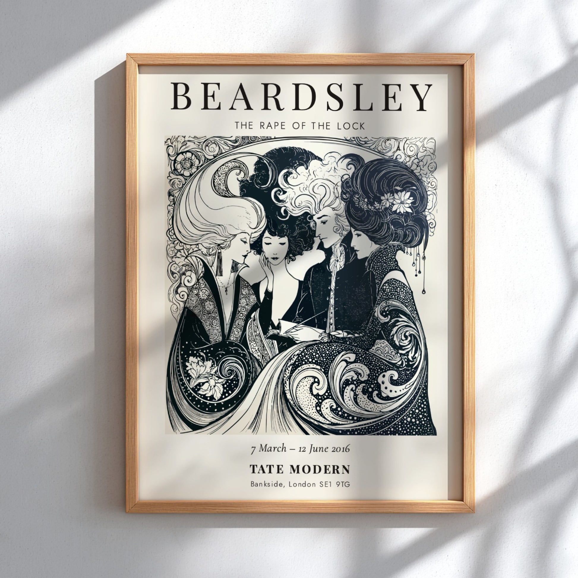 Aubrey Beardsley poster featuring The Rape of the Lock, intricate black and white design with elegant figures