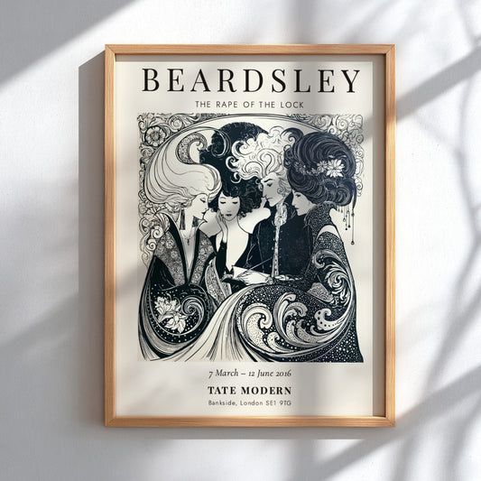 Aubrey Beardsley poster featuring The Rape of the Lock, intricate black and white design with elegant figures