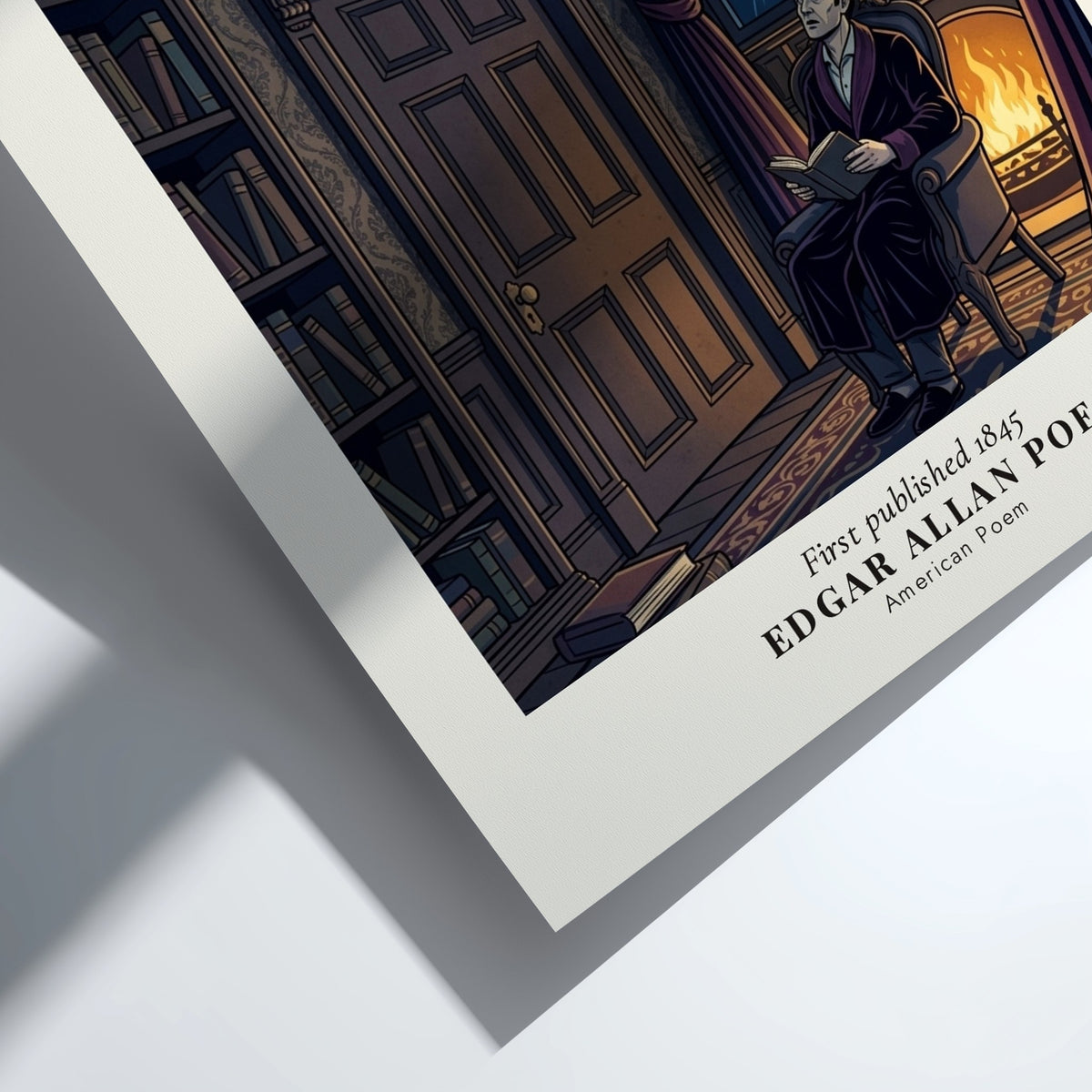 Poster featuring Edgar Allan Poe reading in a library with a raven on bust