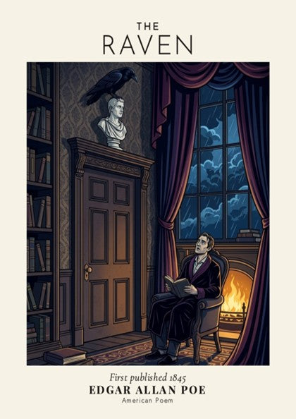 Poster featuring Edgar Allan Poe reading in a library with a raven on bust