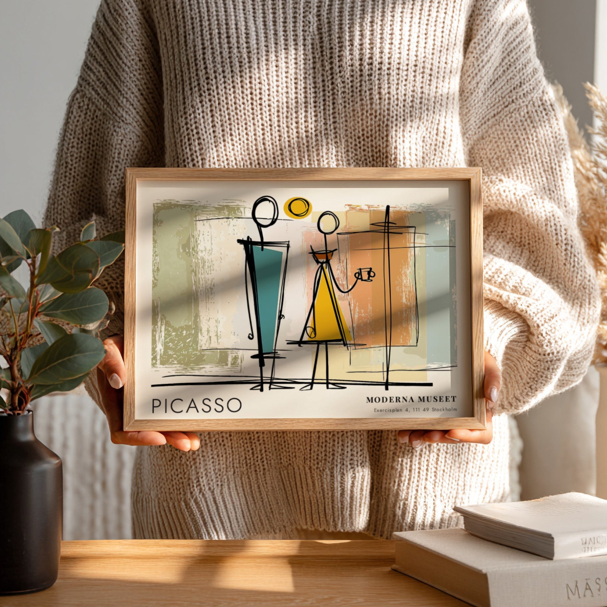Pablo Picasso poster featuring modern abstract art with teal and yellow colors