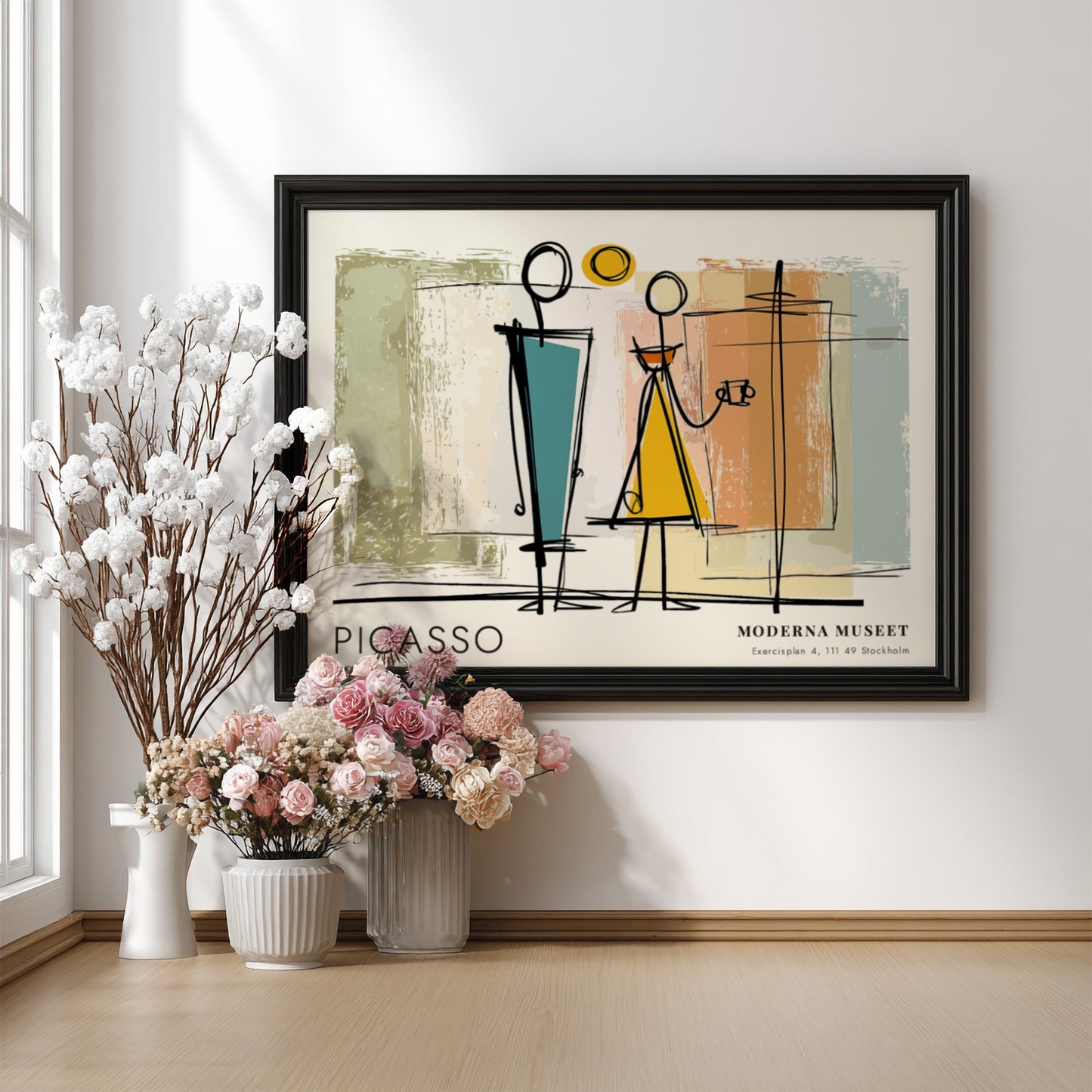 Pablo Picasso poster featuring modern abstract art with teal and yellow colors