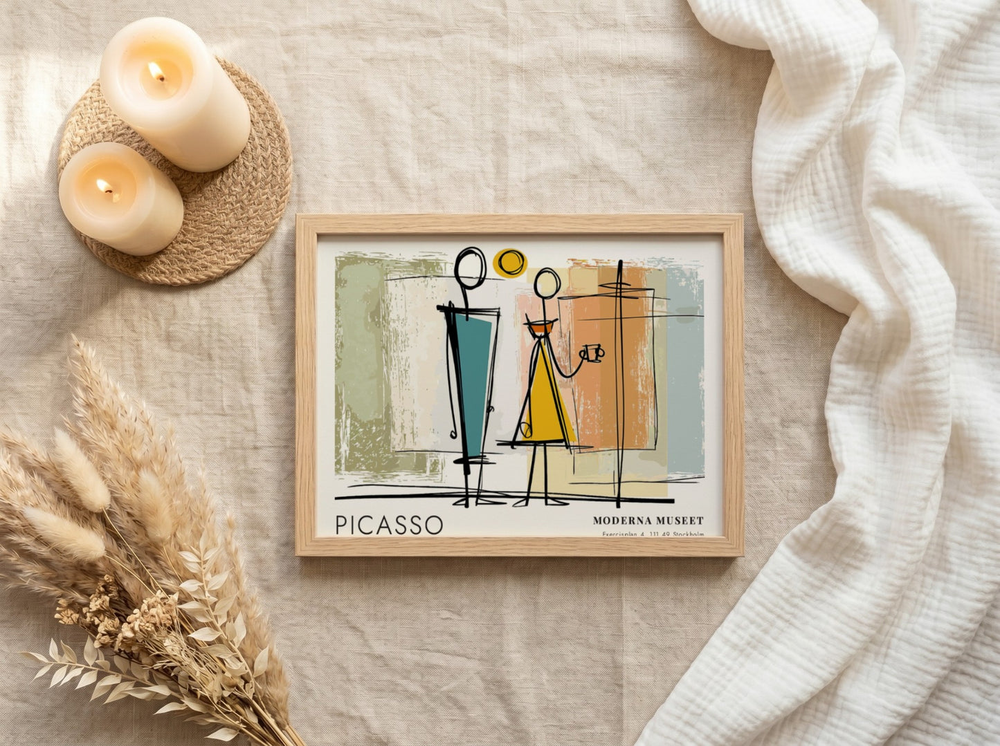 Pablo Picasso poster featuring modern abstract art with teal and yellow colors