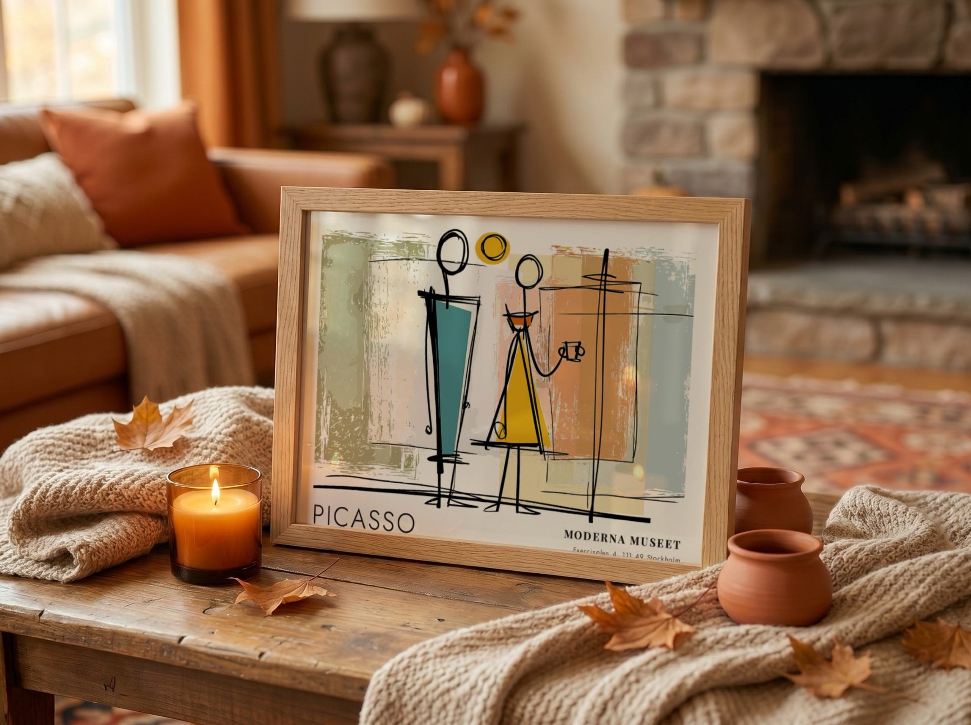 Pablo Picasso poster featuring modern abstract art with teal and yellow colors