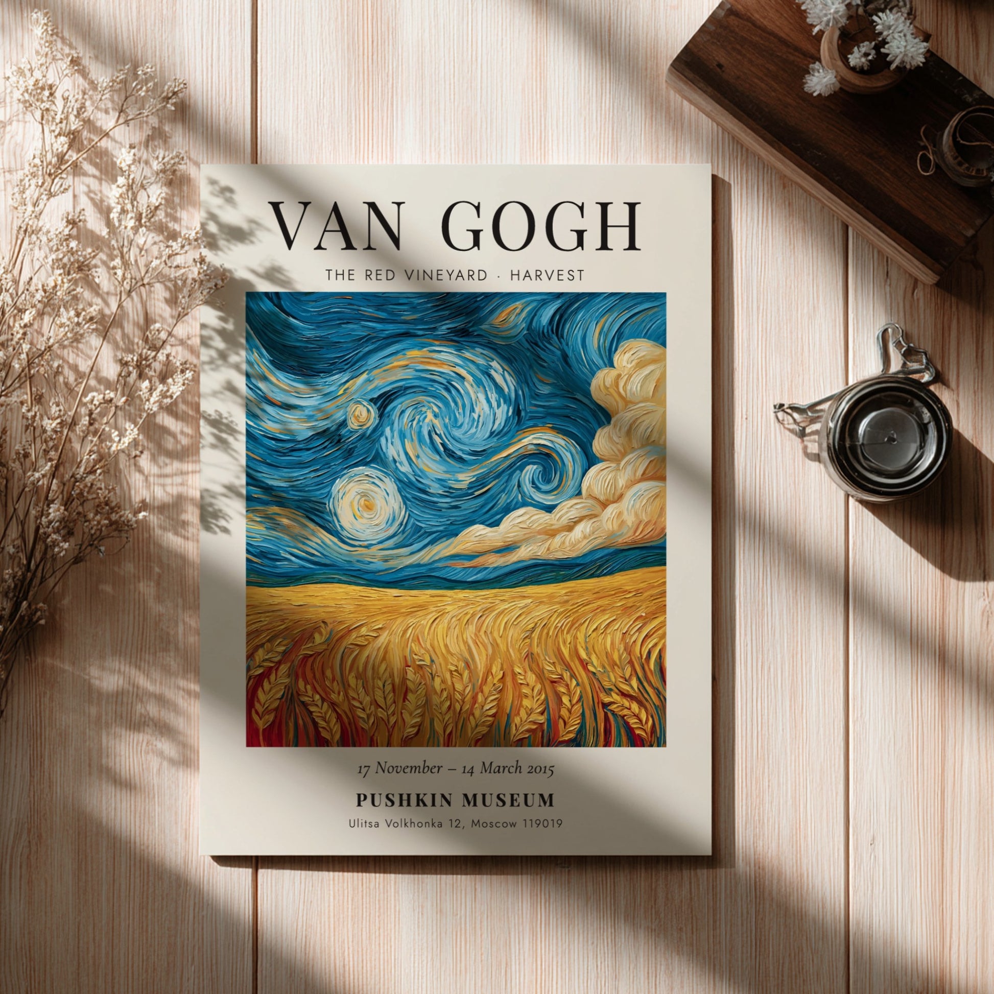 Poster inspired by Van Gogh featuring The Red Vineyard with vibrant colors and swirling skies