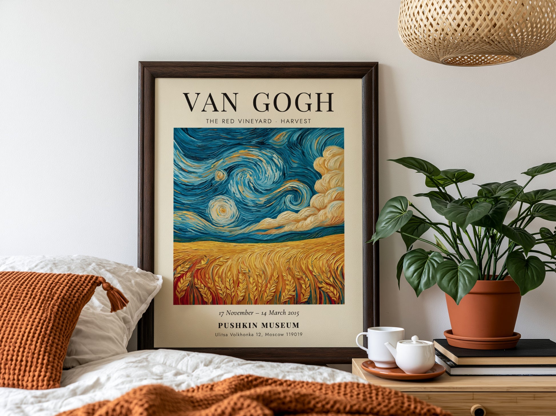 Poster inspired by Van Gogh featuring The Red Vineyard with vibrant colors and swirling skies