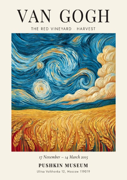 Poster inspired by Van Gogh featuring The Red Vineyard with vibrant colors and swirling skies