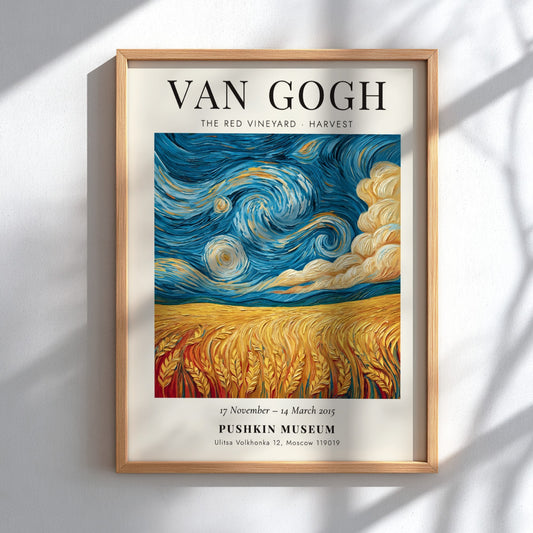 Poster inspired by Van Gogh featuring The Red Vineyard with vibrant colors and swirling skies