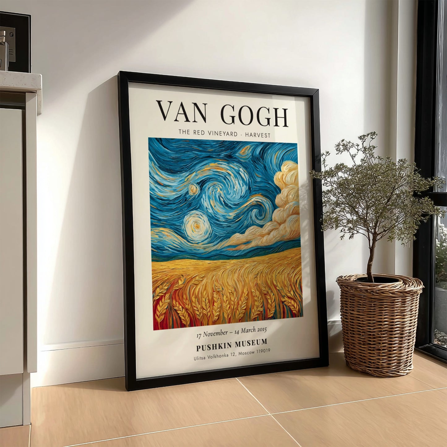 Poster inspired by Van Gogh featuring The Red Vineyard with vibrant colors and swirling skies
