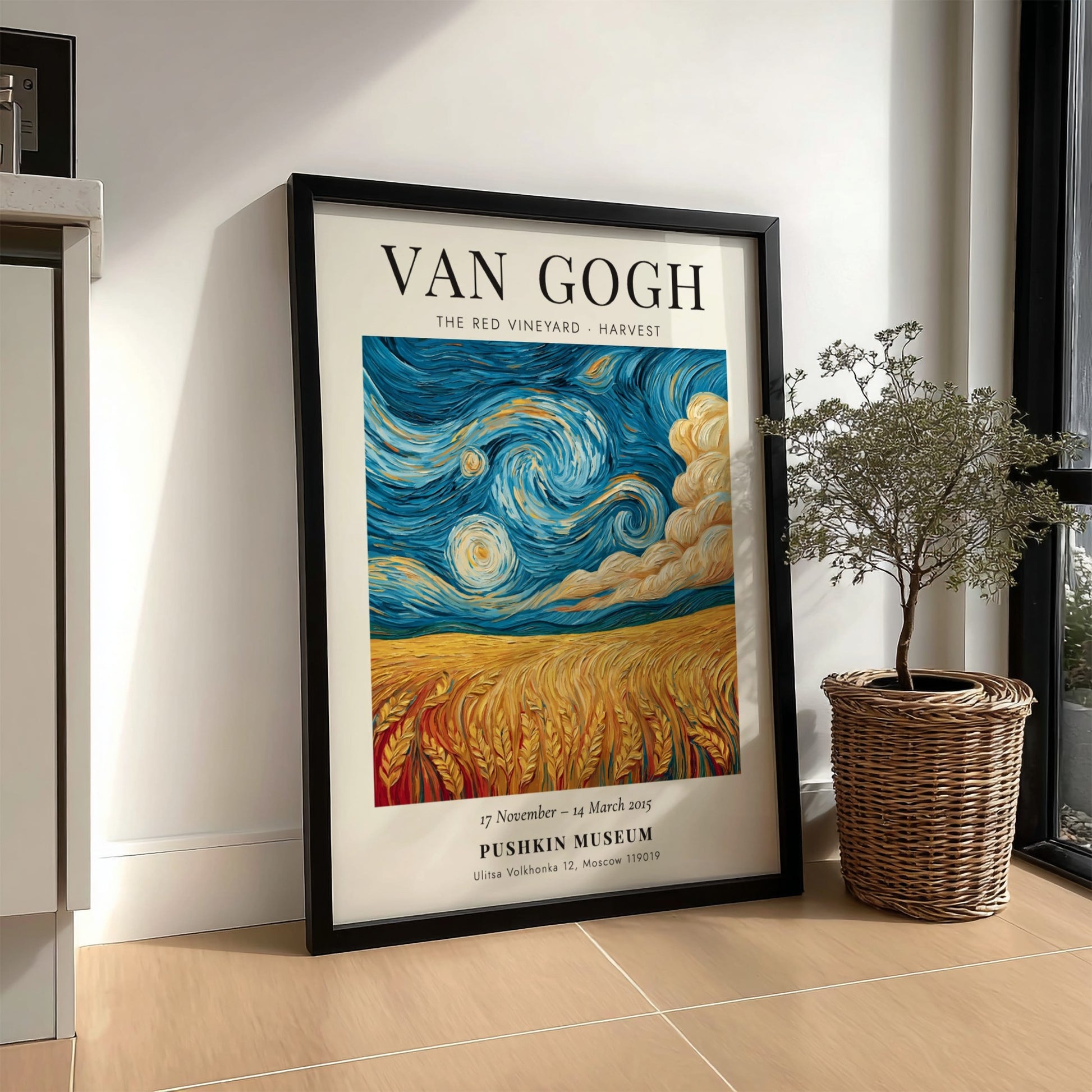 Poster inspired by Van Gogh featuring The Red Vineyard with vibrant colors and swirling skies