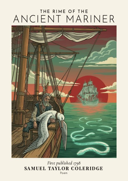 Poster featuring The Rime of the Ancient Mariner with a sailor, albatross, and ship.