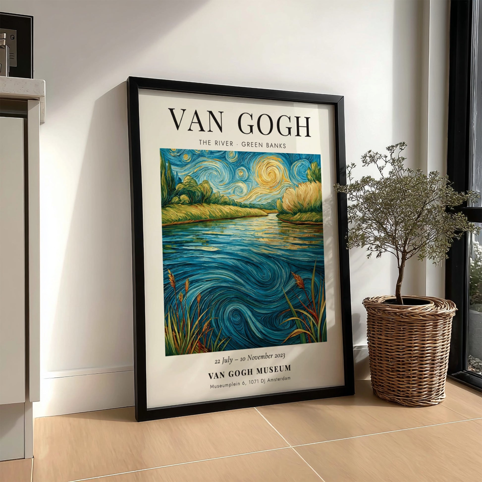 Poster inspired by Van Gogh featuring a serene river scene with vibrant colors and swirling patterns