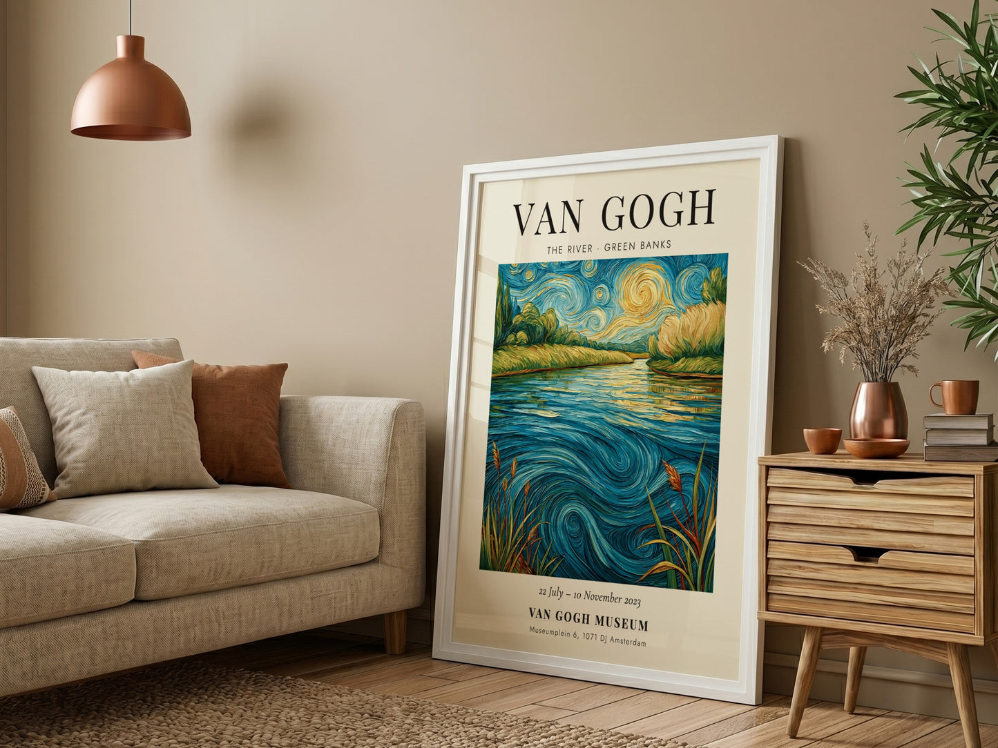 Poster inspired by Van Gogh featuring a serene river scene with vibrant colors and swirling patterns